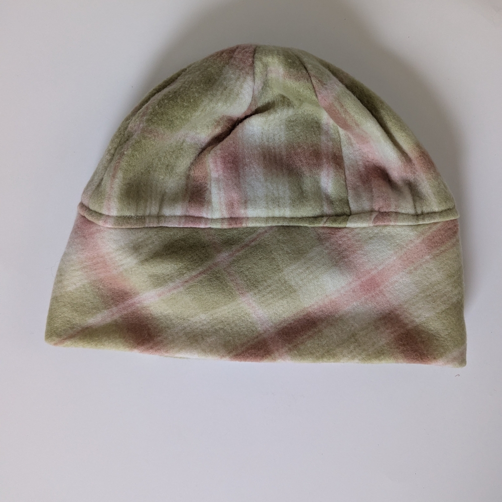 Plaid Beanie Hat in Green and Pink